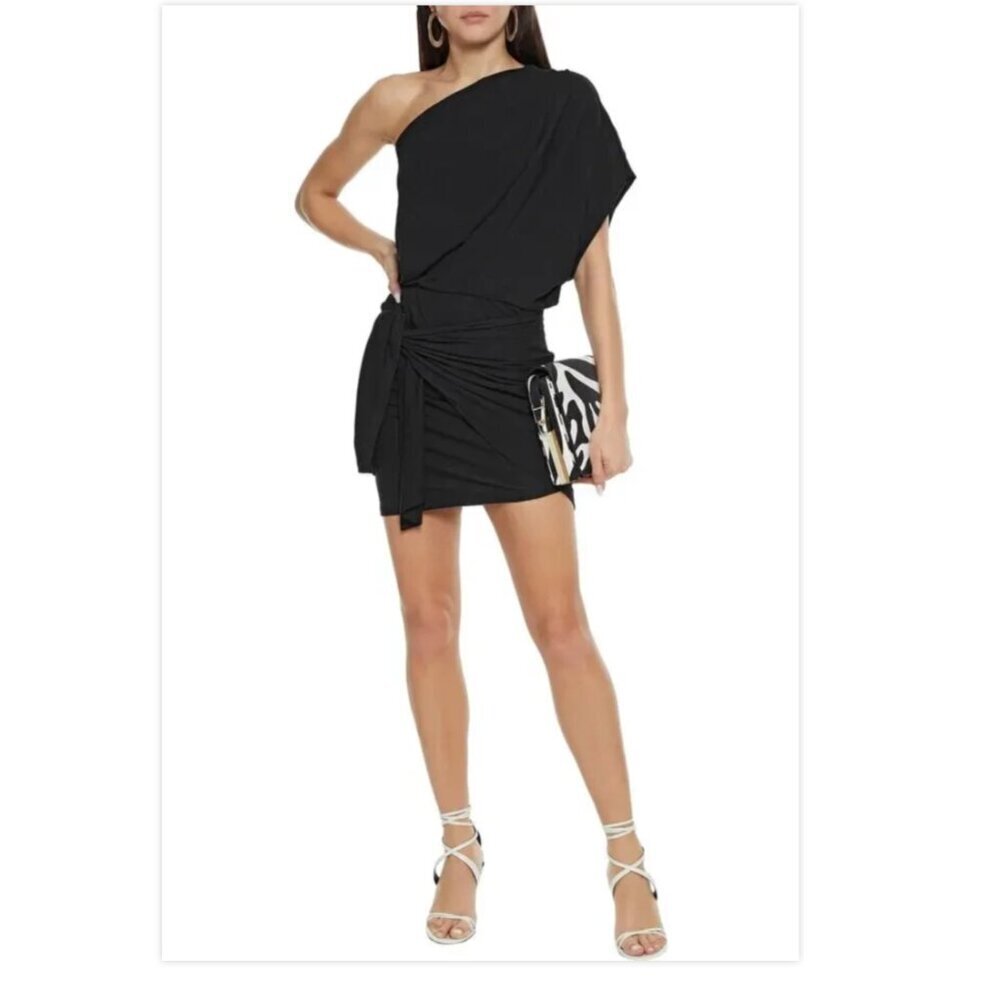 IRO Paris Gipsie Black One Shoulder Tie Front Draped Linen Jersey Mini Dress LRG